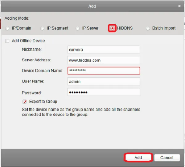 Mô tả giao diện cấu hình thêm thiết bị bằng HiDDNS trong IVMS-4200