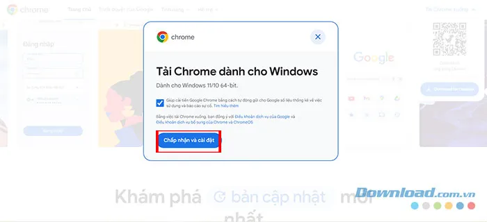 Xác nhận và bắt đầu quá trình cài đặt trình duyệt Chrome trên Windows