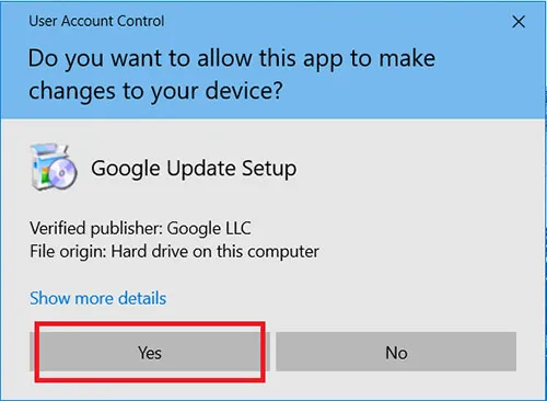 Hộp thoại yêu cầu cấp quyền quản trị để cài đặt Google Chrome trên máy tính
