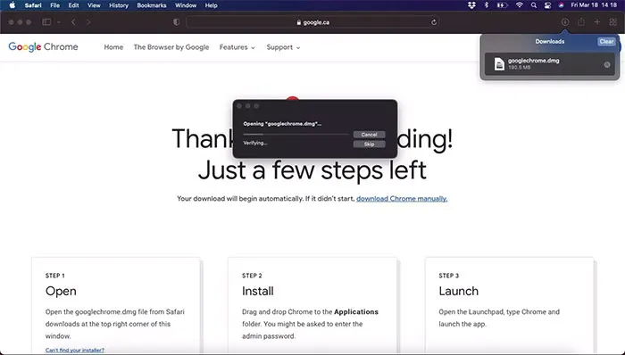 Vị trí tệp cài đặt googlechrome.dmg sau khi hoàn thành quá trình tải trên Mac