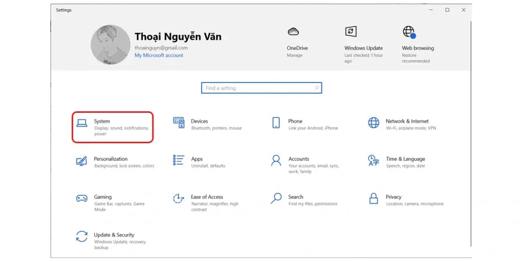 Chọn System trong giao diện cài đặt để truy cập các thiết lập hệ thống