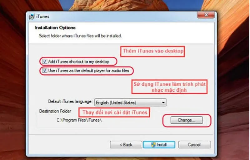 Cửa sổ tùy chọn cài đặt iTunes, bao gồm lựa chọn đường dẫn và tạo lối tắt