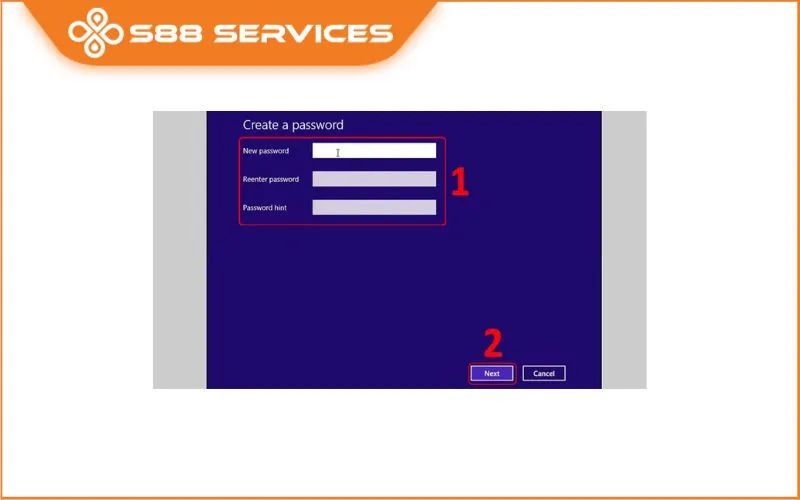 Nhập mật khẩu mới, xác nhận và tạo gợi ý mật khẩu, sau đó chọn Next.