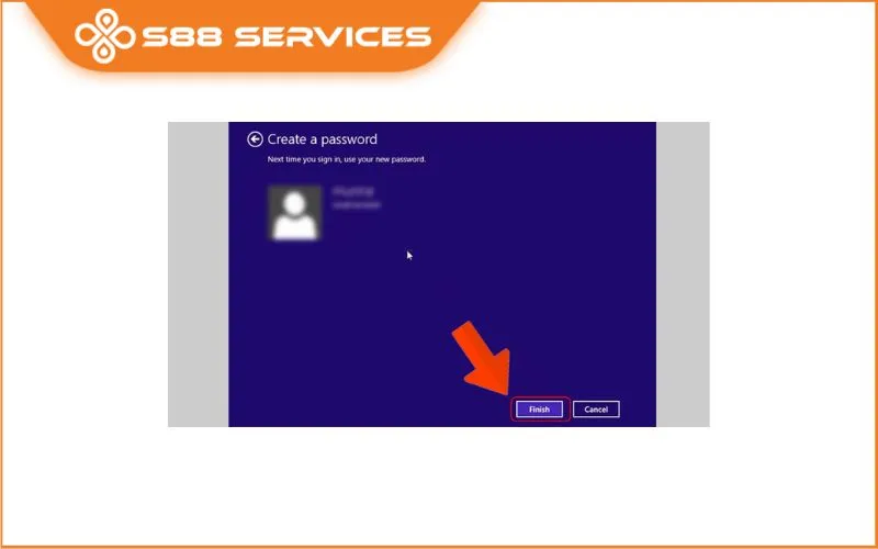 Nhấn Finish để hoàn thành quá trình thiết lập mật khẩu mới trên Windows 8/8.1.