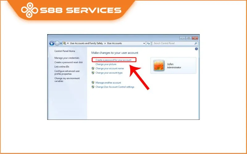 Chọn Create a password for your account trong Windows 7.
