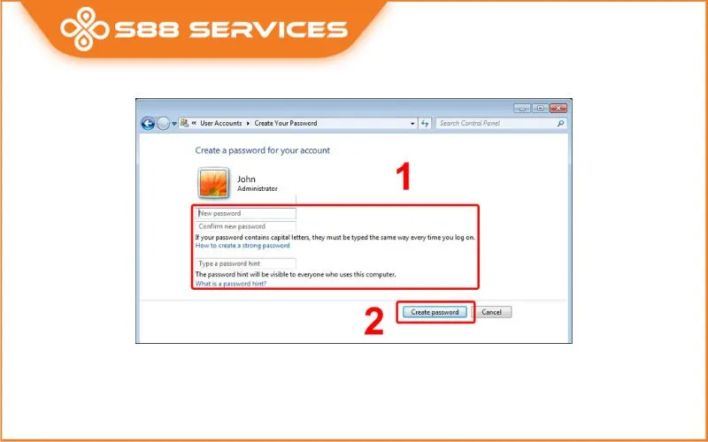 Nhập mật khẩu, xác nhận, gợi ý và chọn Create password để hoàn tất thiết lập trên Windows 7.