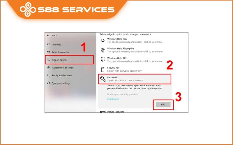 Giao diện Sign-in options trong cài đặt Windows, nơi người dùng có thể thêm hoặc thay đổi phương thức đăng nhập để biết mật khẩu máy tính.