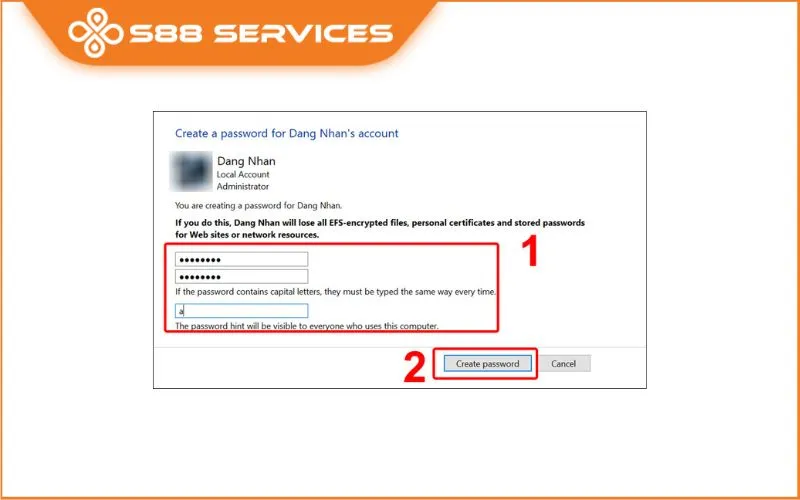 Nhập mật khẩu mới, xác nhận, gợi ý và chọn Create password để hoàn tất thiết lập bảo mật.