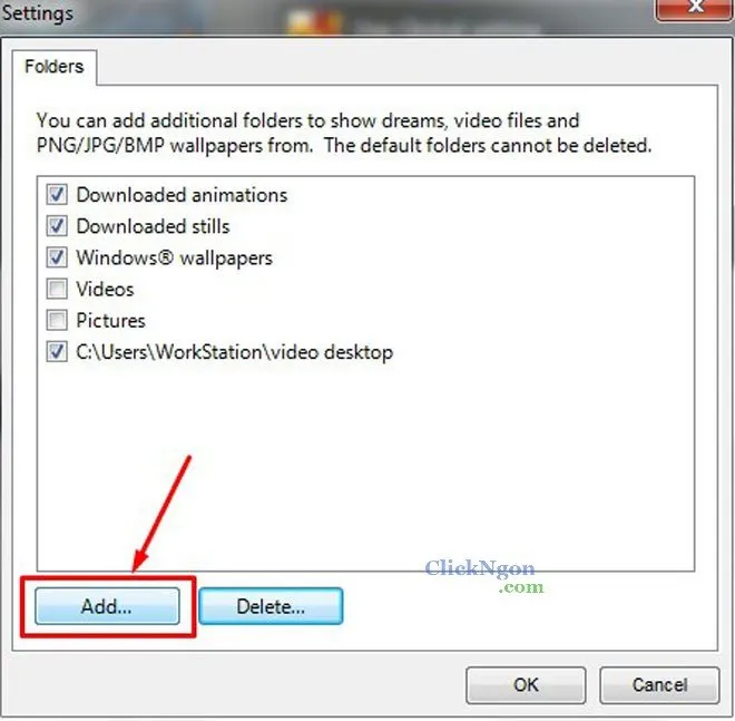 Hộp thoại chọn thư mục chứa video để thêm vào danh sách hình nền động của DeskScapes.