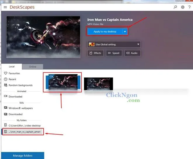 Chọn video tùy chỉnh vừa thêm vào và áp dụng làm hình nền desktop.