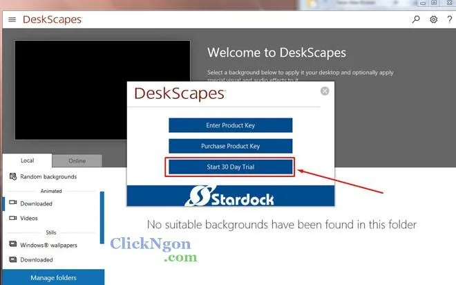 Tùy chọn sử dụng bản dùng thử 30 ngày hoặc nhập khóa sản phẩm của DeskScapes.