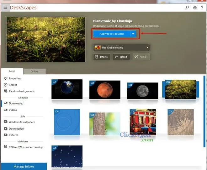 Giao diện chính của DeskScapes 10 hiển thị các tùy chọn hình nền động có sẵn.