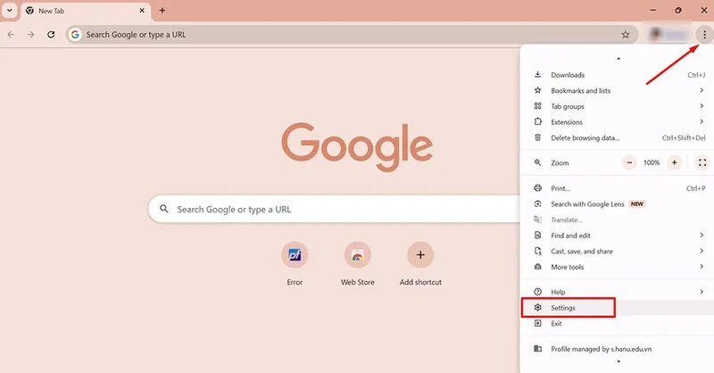 Cài đặt chrome trên máy tính: Nhấn biểu tượng 3 chấm để mở menu cài đặt Google Chrome