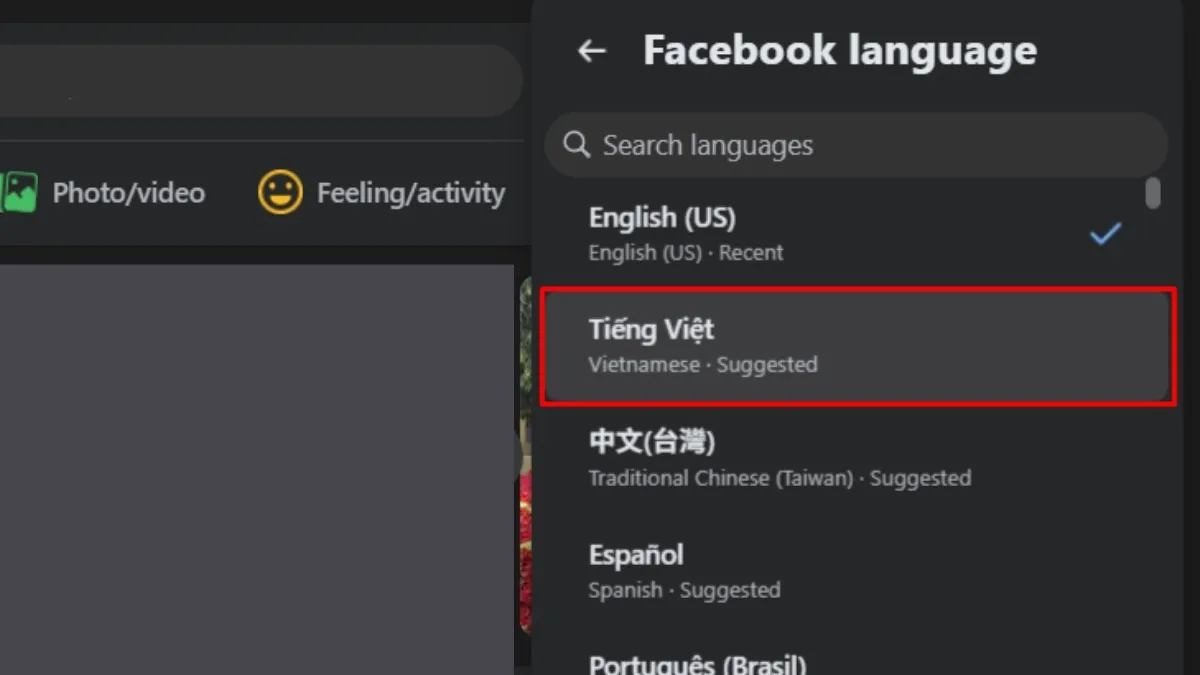 Chọn Tiếng Việt trong danh sách các ngôn ngữ