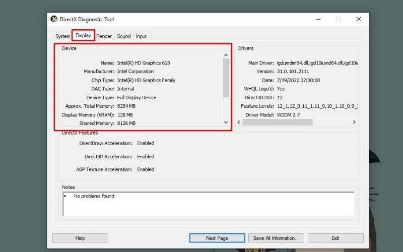 Kiểm tra thông số kỹ thuật của VGA bằng DirectX Diagnostic Tool (DxDiag) tại tab Display