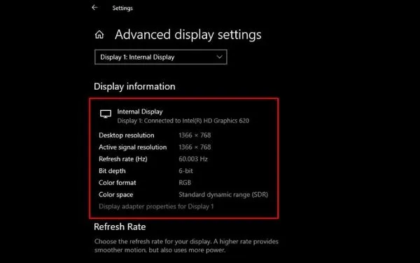 Advanced display settings trong Windows Settings hiển thị card màn hình đang được sử dụng