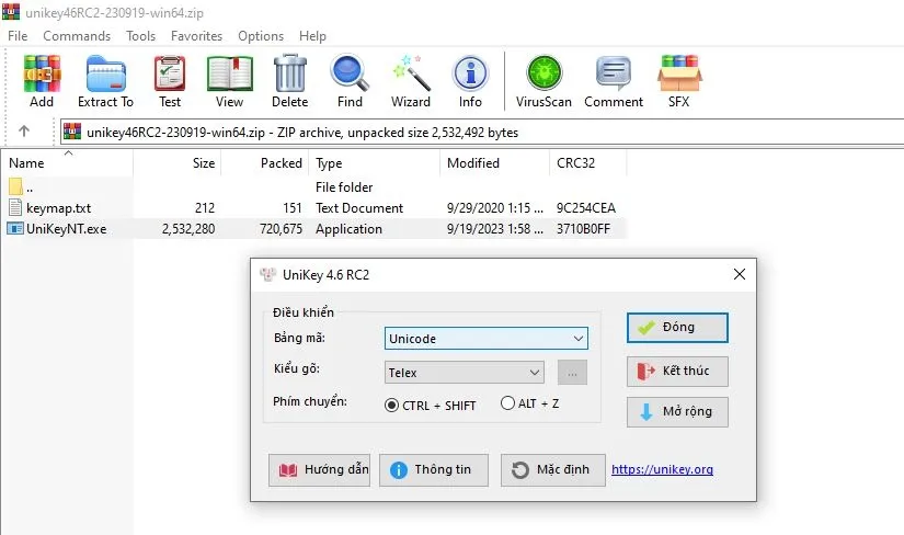Giao diện cài đặt UniKey hiển thị sau khi quá trình tải về và chạy tệp tin hoàn tất