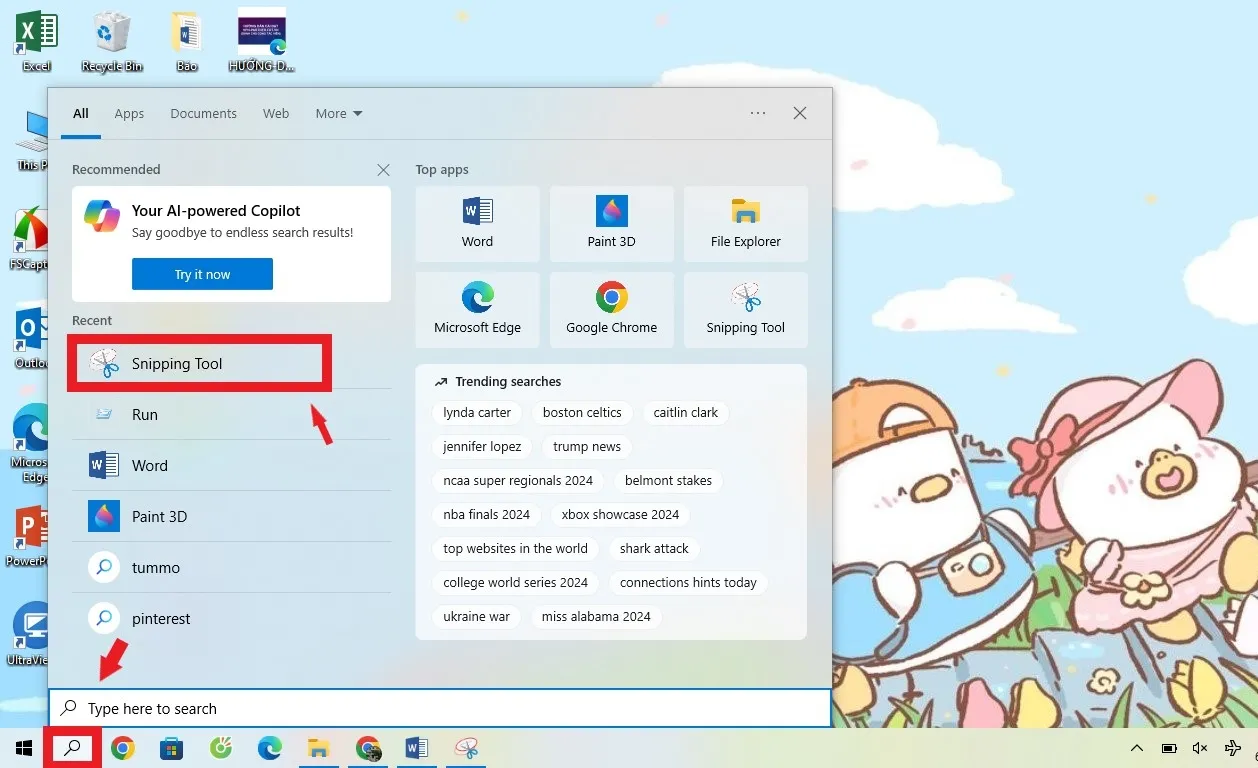 Mở công cụ Snipping Tool để bắt đầu cách chụp màn hình máy tính theo vùng trên Windows 10.