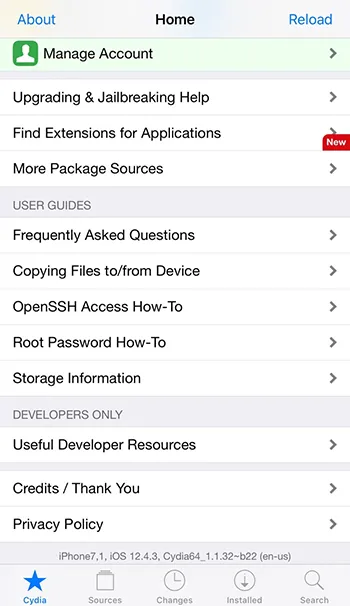 Giao diện ứng dụng Cydia sau khi jailbreak thành công bằng bootra1n