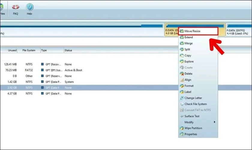 Nhấn chuột phải vào ổ E chọn Move/Resize