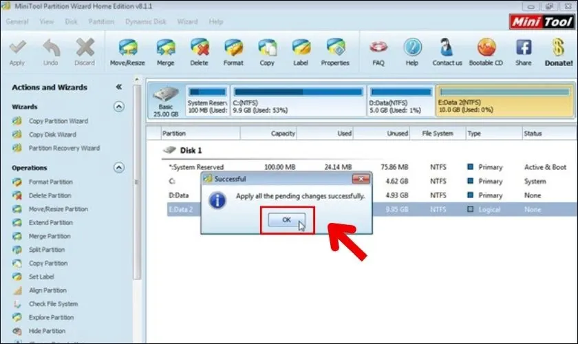 Chọn OK để hoàn tất quá trình phân chia ổ đĩa trên Win 11