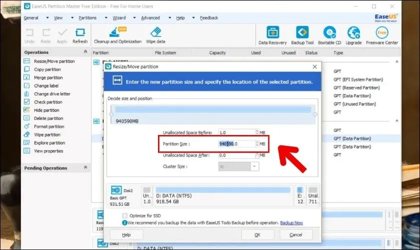 Nhập dung lượng muốn chia từ ổ đĩa