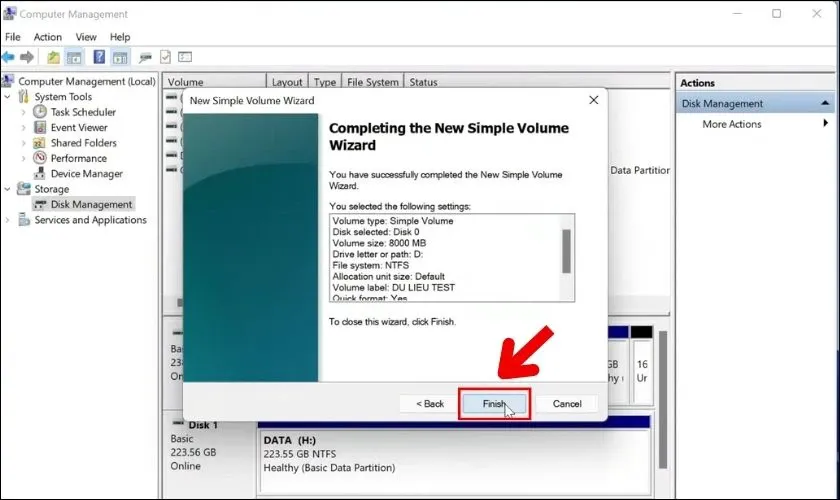 Nhấn chọn Finish để kết thúc quá trình thực hiện chia ổ đĩa trên Win 11