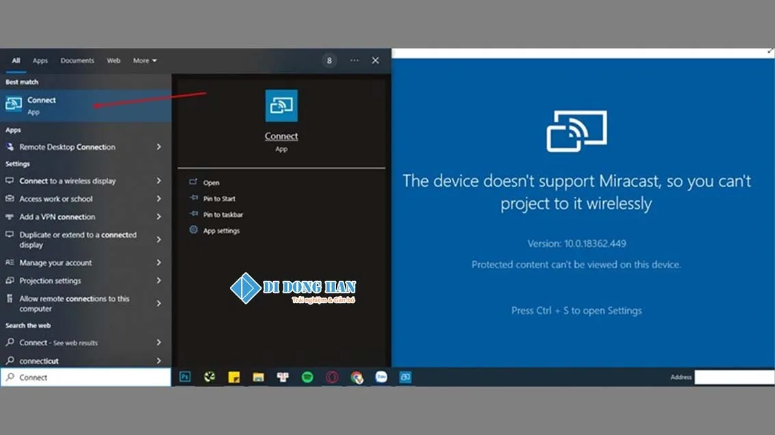 Kết nối không dây thành công, màn hình điện thoại Android được phản chiếu lên máy tính Windows.