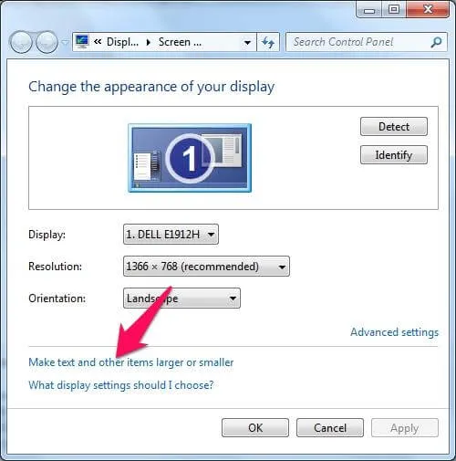 Cửa sổ Screen Resolution và tùy chọn Make text and other items larger or smaller trên Windows 7/8.