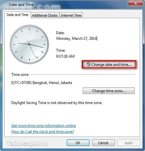 chinh thoi gian, dong ho tren may tinh win 7