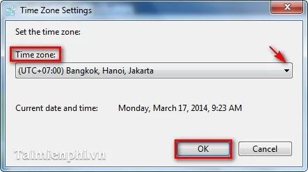 Nhấn Change time zone để thay đổi múi giờ khi chỉnh lại thời gian máy tính