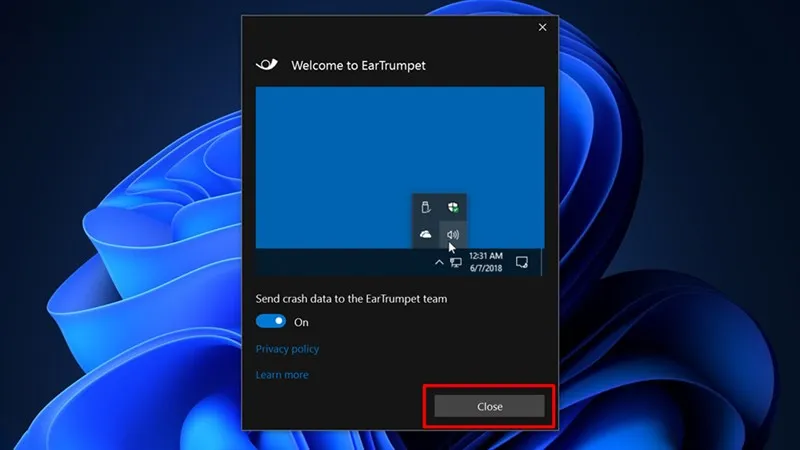 Giao diện hướng dẫn ban đầu của phần mềm EarTrumpet