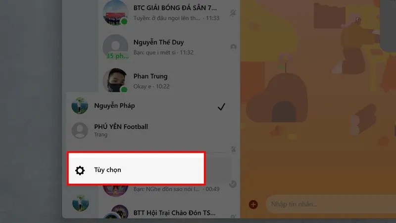 Menu Tùy chọn (Preferences) trong ứng dụng Messenger desktop để tiến hành đổi ngôn ngữ.