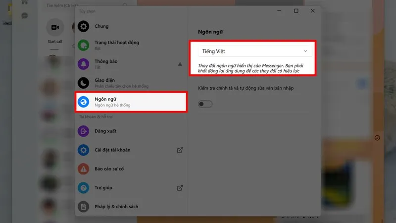 Chọn mục Ngôn ngữ trong cài đặt Messenger để hiển thị danh sách các ngôn ngữ có thể đổi.