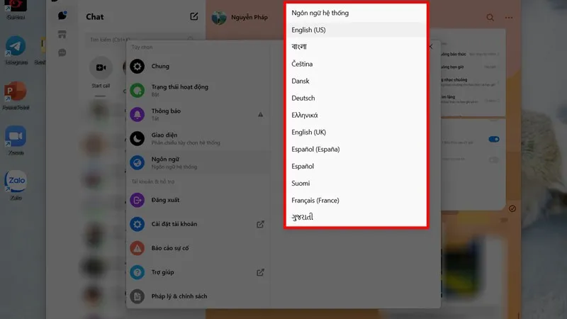 Danh sách các ngôn ngữ hiển thị để người dùng lựa chọn và áp dụng thay đổi.