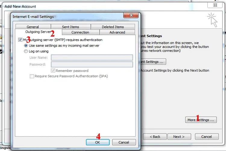 Chọn More Settings - Outgoing Server - tiến hành cài đặt theo hướng dẫn