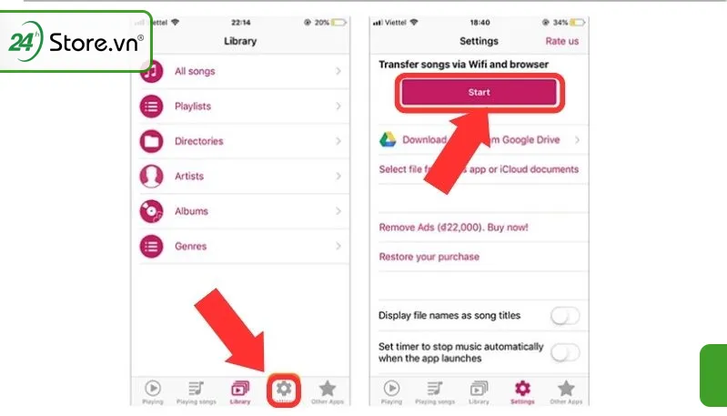 Chọn biểu tượng Cài đặt trong Muzik Box để kích hoạt tính năng chuyển nhạc qua Wi-Fi