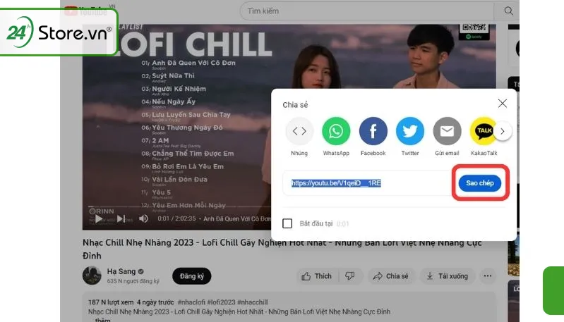 Thao tác sao chép liên kết video YouTube trên trình duyệt web của máy tính
