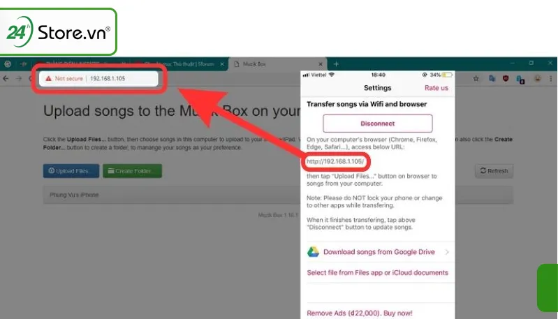 Truy cập địa chỉ IP trên trình duyệt PC để bắt đầu truyền tệp nhạc MP3