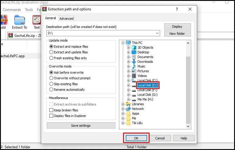 Cửa sổ yêu cầu chọn vị trí đích để giải nén file Gacha Life đã tải về