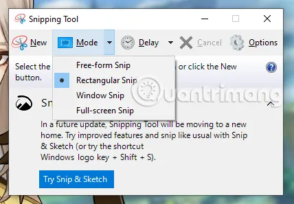 Các chế độ chụp màn hình đa dạng Free-form Rectangular Window Snip trong Snipping Tool