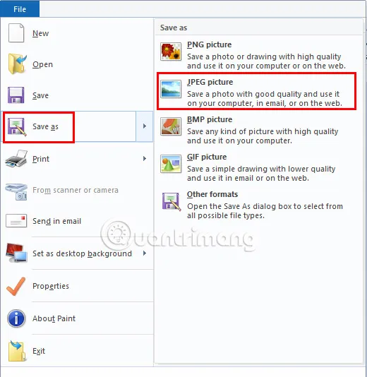 Chọn định dạng JPEG khi lưu ảnh chụp màn hình máy tính bạn Dell từ Paint