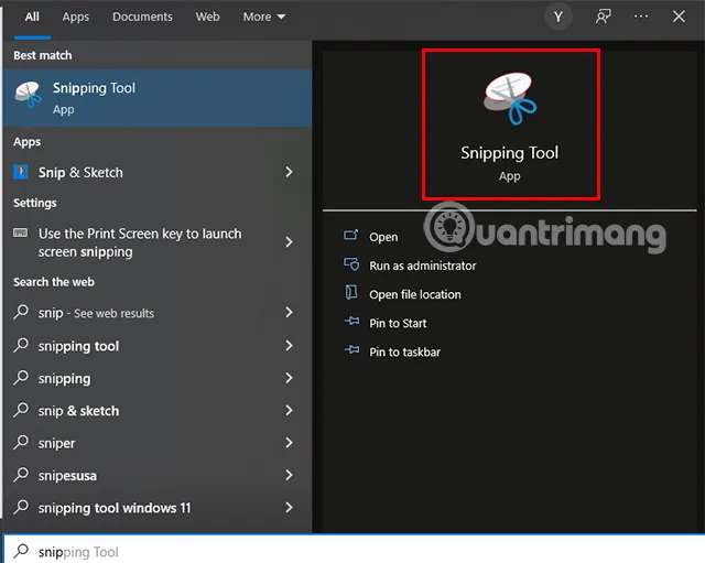 Khởi động Snipping Tool bằng cách tìm kiếm trên Start Menu máy tính Dell