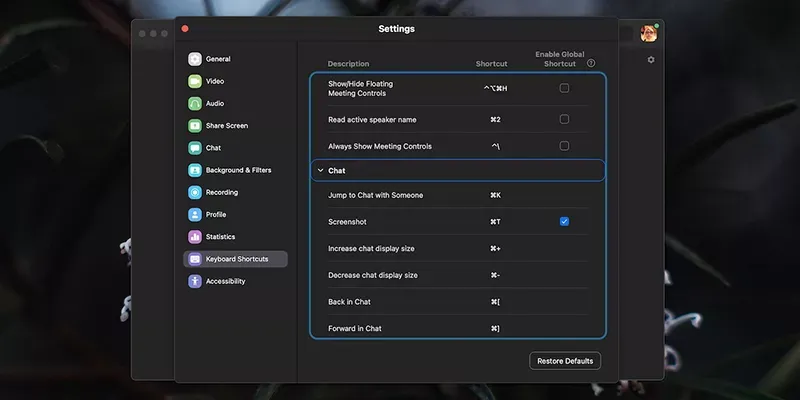 Cài đặt Phím tắt và Kích hoạt tùy chọn Screenshot để chụp màn hình Zoom trên máy tính