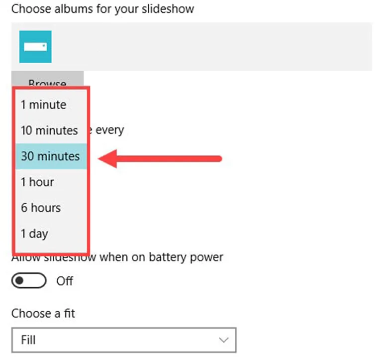 Thiết lập tần suất thay đổi hình ảnh (Change picture every) cho chế độ Slideshow trên laptop Windows 10