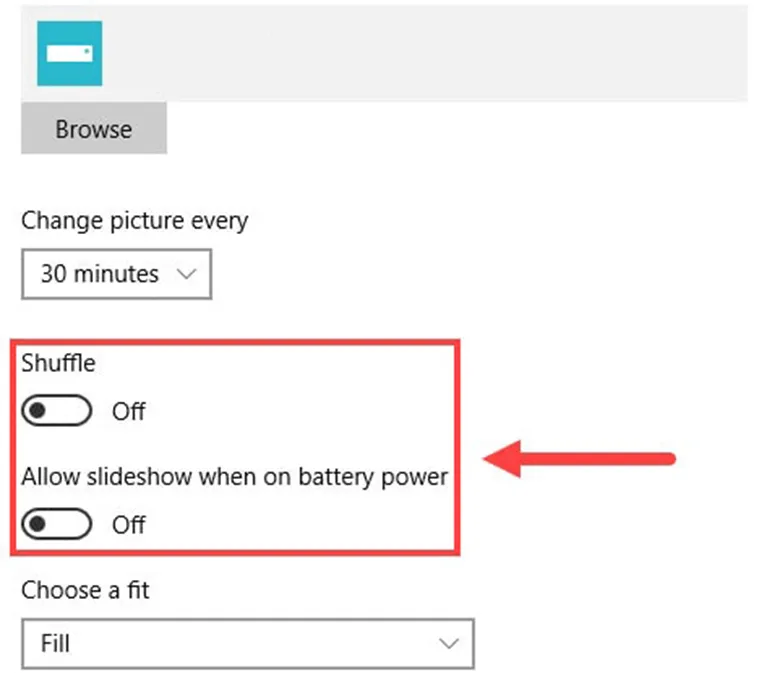 Tùy chọn Shuffle và Allow slideshow on battery power khi đổi hình nền máy tính laptop Windows