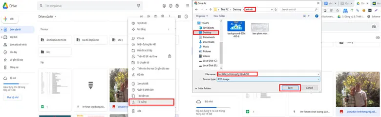 Thao tác chọn nhiều tệp ảnh và thư mục để tải xuống từ Google Drive về máy tính, chuẩn bị cho quá trình nén ZIP