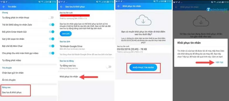 Lựa chọn Khôi phục tin nhắn từ phiên bản sao lưu mới nhất trong cài đặt nâng cao của Zalo di động