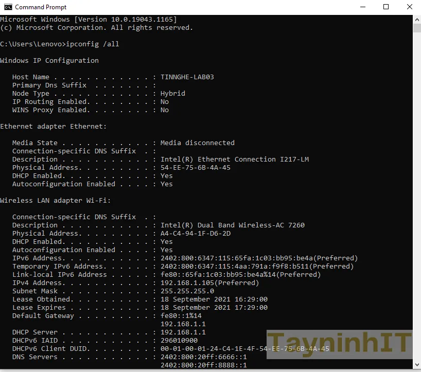Kiểm Tra Thông Số Cấu Hình IP Mạng Bằng Lệnh IPConfig All Trong CMD Để Chuẩn Bị Đặt IP Tĩnh