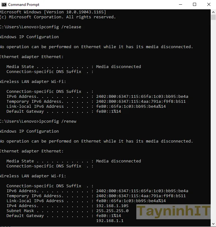 Kết quả sau khi chạy lệnh ipconfig /renew, địa chỉ IP mới sẽ được cấp phát